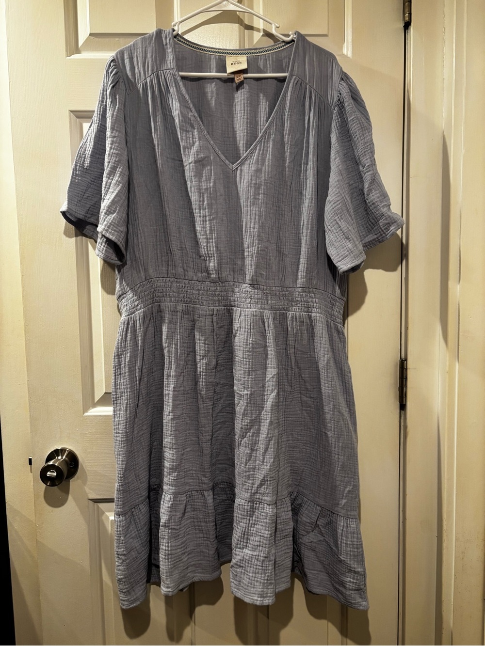Knox Rose Pale Blue V-Neck Short Sleeve Gauze Dress, 100% cotton.